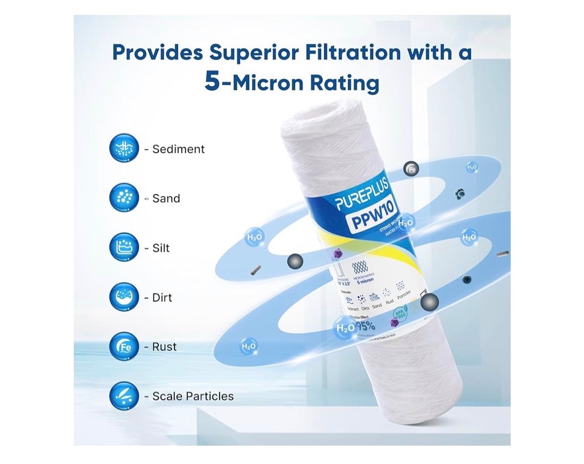 4 PACK PUREPLUS 5 Micron 10″x2.5″ Whole House String Wound Sediment Filter PPW10