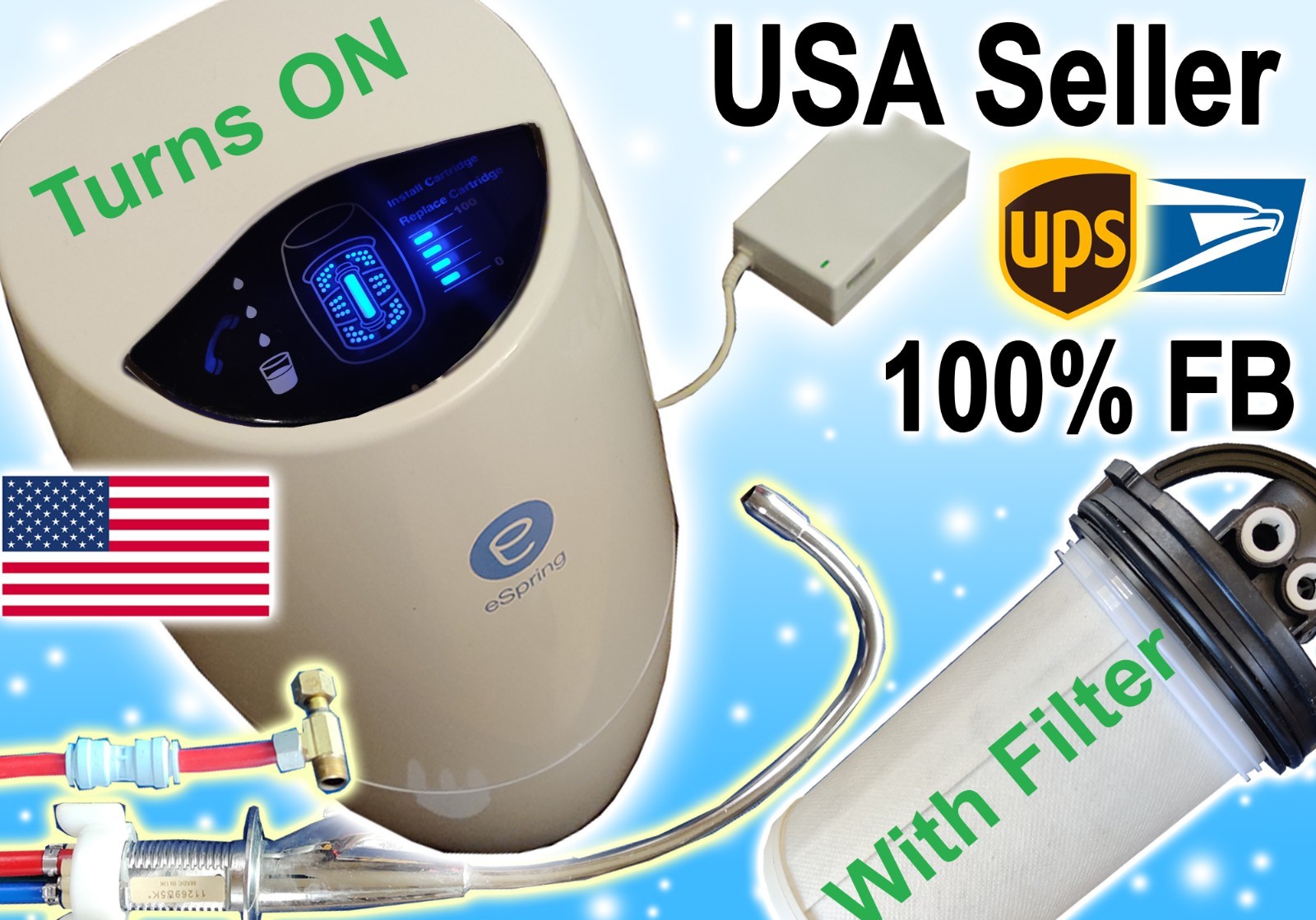 Amway eSpring UV Water Filter Purifier 10-0185, Turns ON, With Faucet and Filter