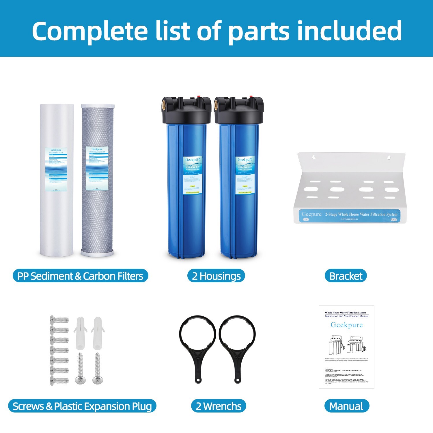 Geekpure 2 Stage Whole House Water Filter System 1″ Port 4.5″ x 20″ w/ PP Carbon