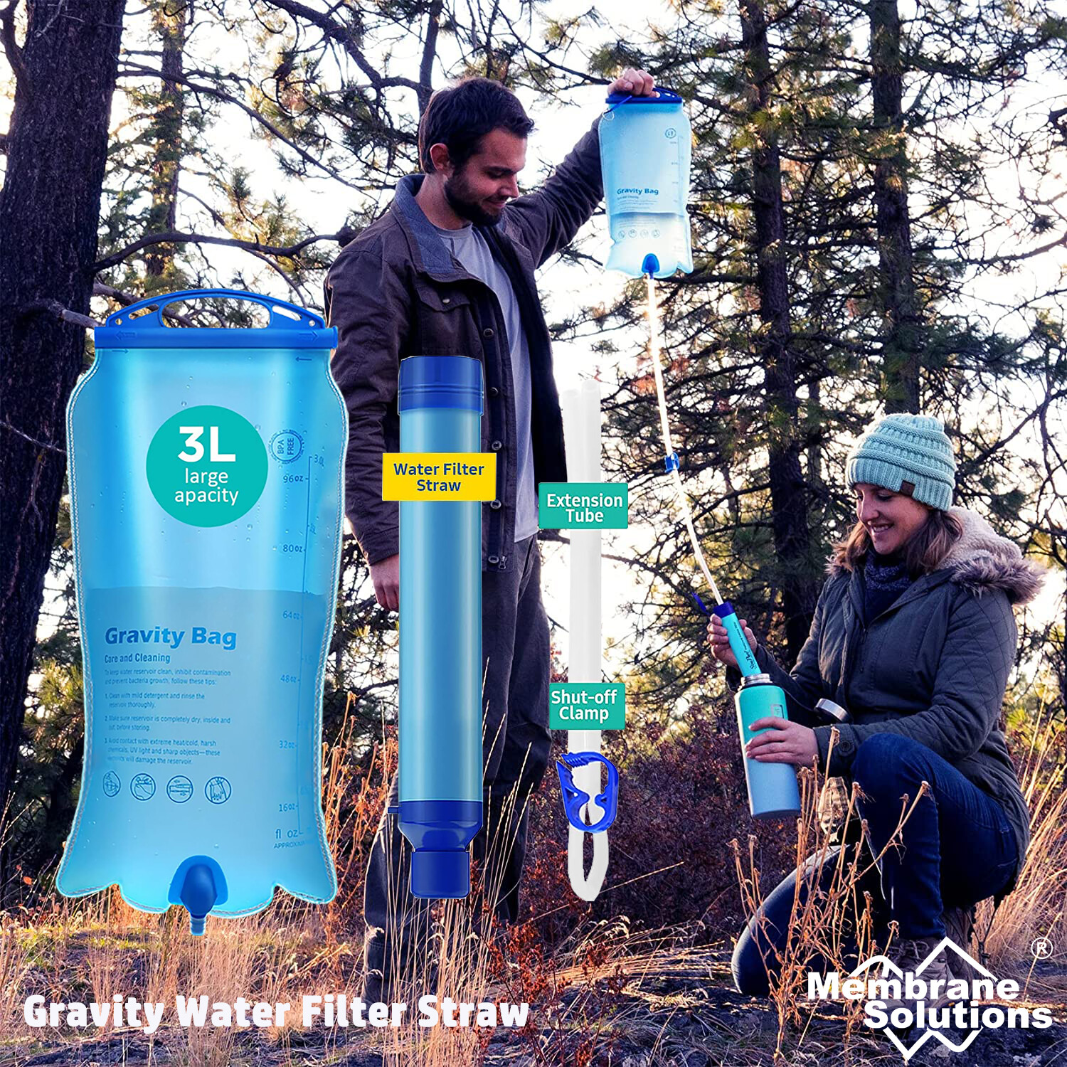 Gravity-Fed Water Filter Straw 3L Bag,Versatile Hiker Water Purifier Tree Strap