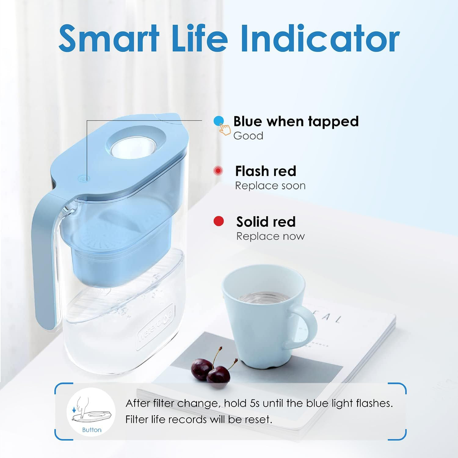 Water Filter Pitcher with 1 Filter, 5X Times Lifetime, Lasts 200 Gallons, for Fr