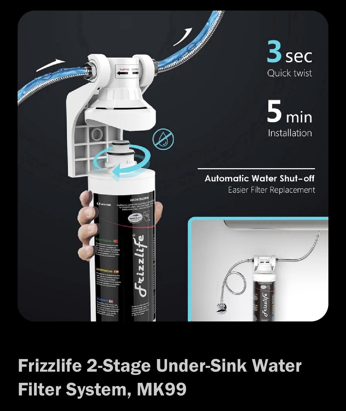 Frizzlife Undersink Quick Change Filter System MK99 NSF/ANSI 42&53 Water Filtrat