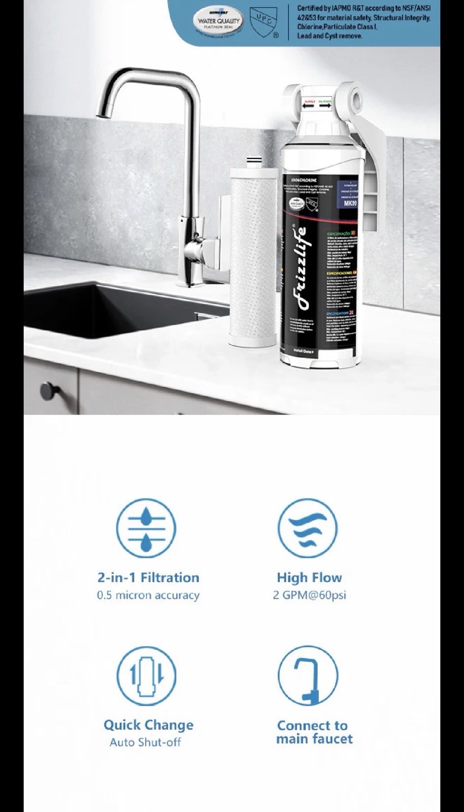 Frizzlife Undersink Quick Change Filter System MK99 NSF/ANSI 42&53 Water Filtrat