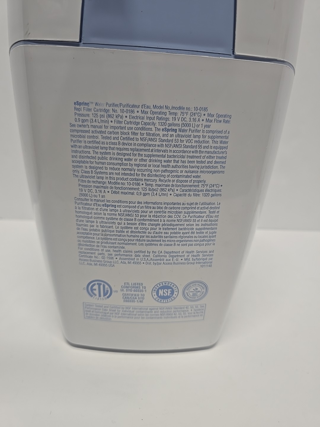 Amway eSpring UV Water Filter Purifier 10-0185 Above Counter Top Unit