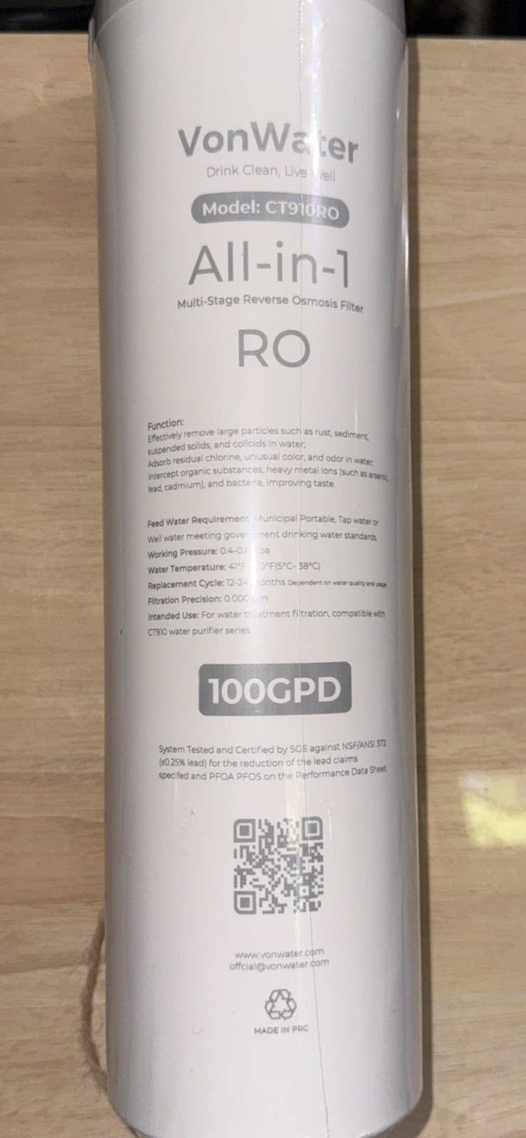 VonWater RO All-in-1 Filter CT910RO Replacement 100GPD NEWIn Sealed Plastic