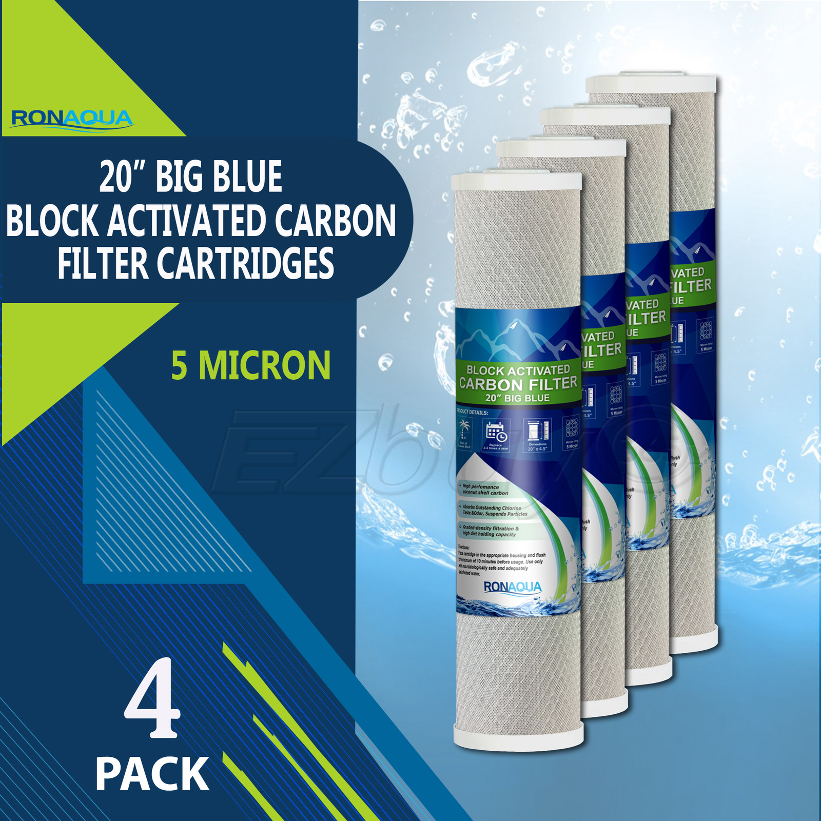 4 pcs Big Blue CTO Carbon Block Water Filters 4.5″ x 20″ Whole House Cartridges