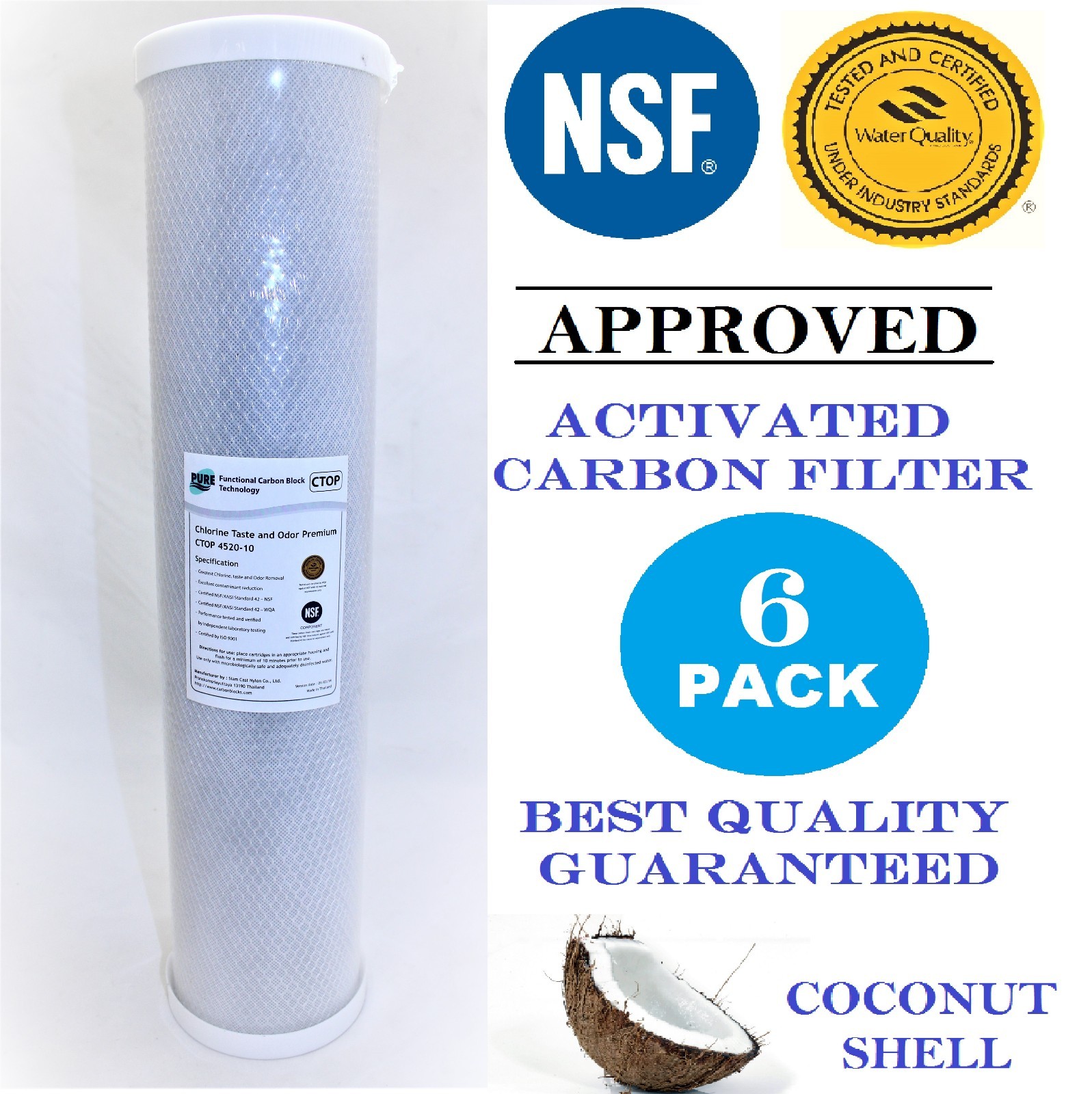 6 Pack Carbon Block Cartridge 4.5″ x 20″ NSF Water Filter 10 Micron