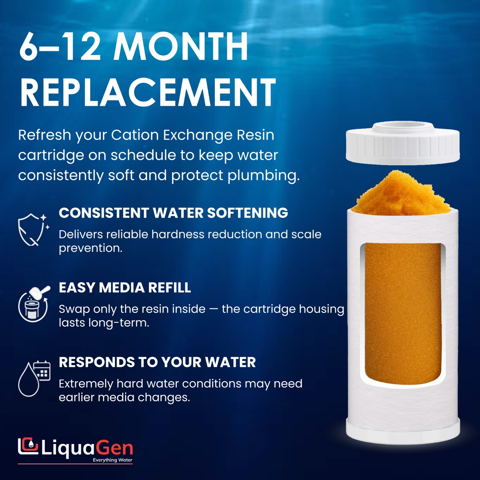 LiquaGen 4.5″x10″ Cation Resin Filter Cartridge – Water Softener for Hardness