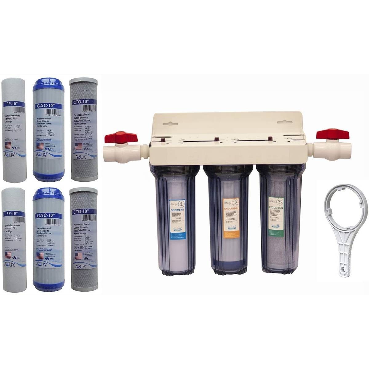 3-Stage Water Filtration System, 3/4″ port with 2 valves and extra 2 sets