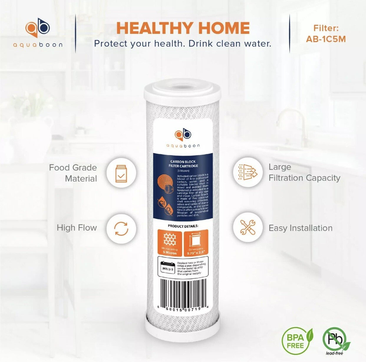 Aquaboon Reverse Osmosis 5 Micron 9.75 x 2.5 Inch. Carbon Block Filter Cartridge
