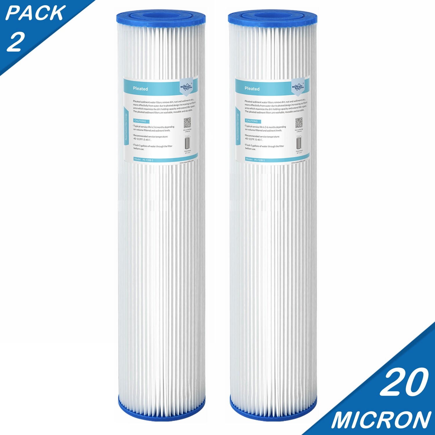 2 Pack 20″x4.5″ 20 Micron Whole House Pleated Sediment Water Filter for Big Blue