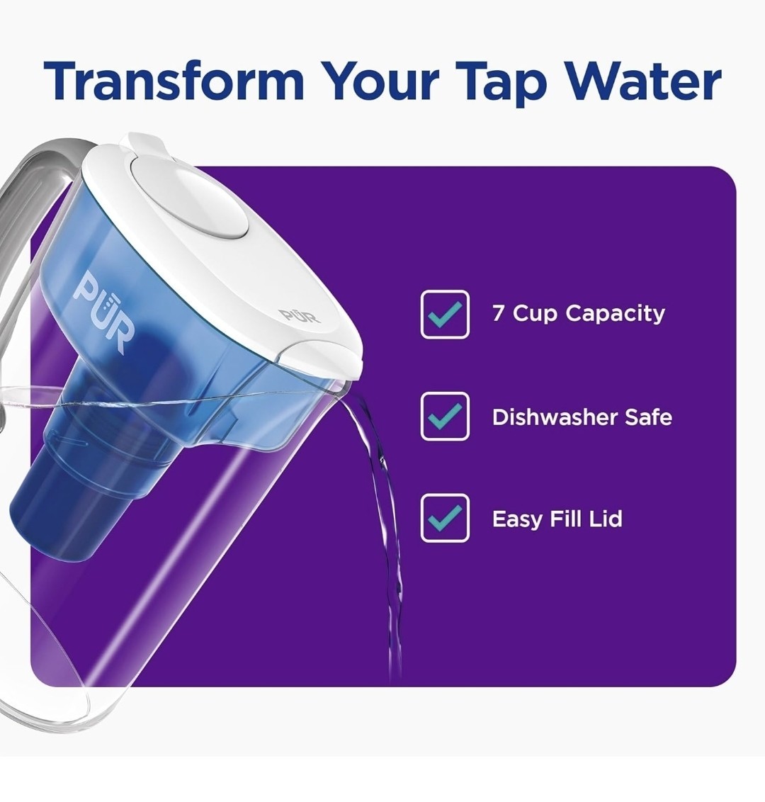 PUR 7 Cup Pitcher Filtration System Blue/White Plastic, Chlorine & Mercury