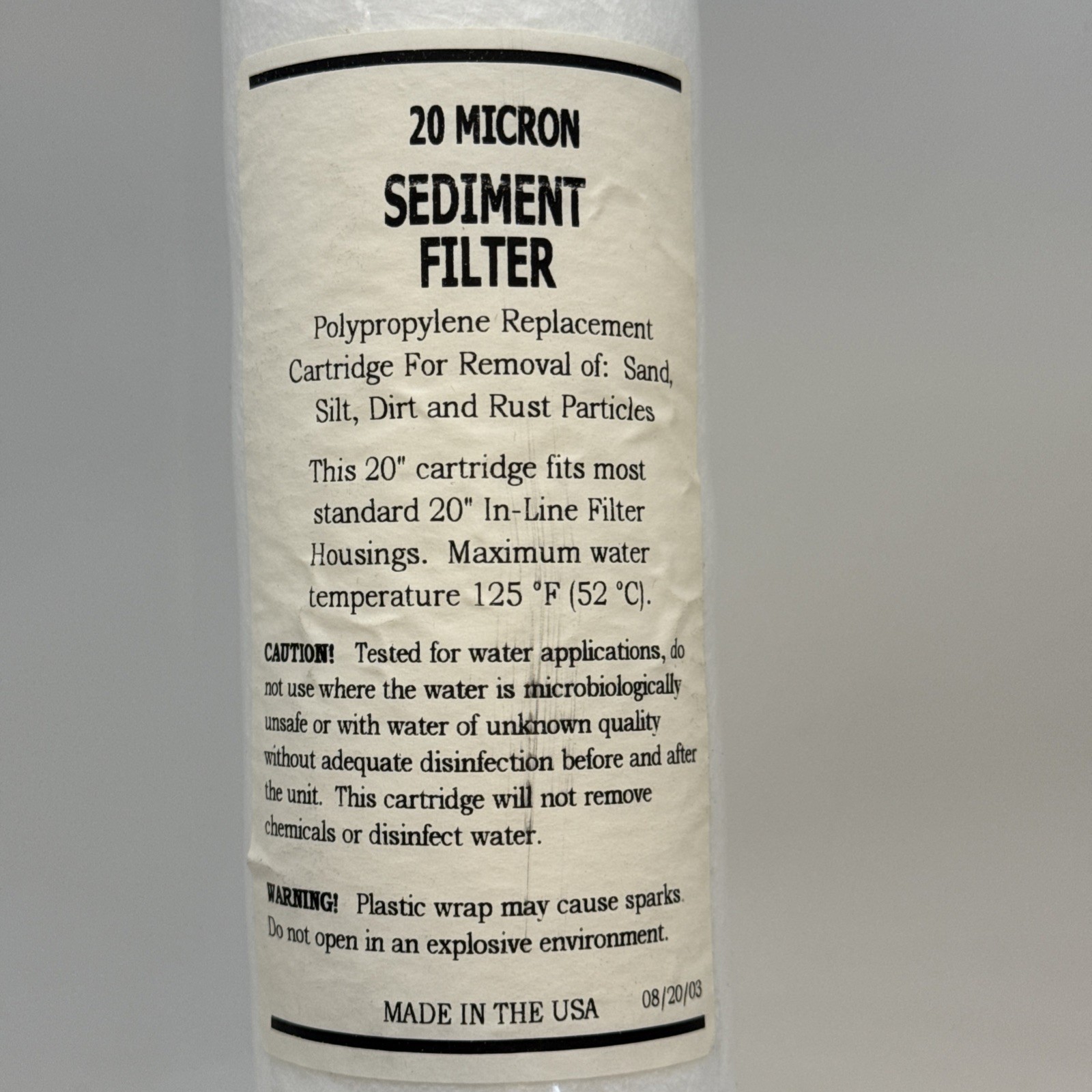 20 Micron Sediment Filter Polypropylene Replacement Cartridge 20×2.5” Made In US