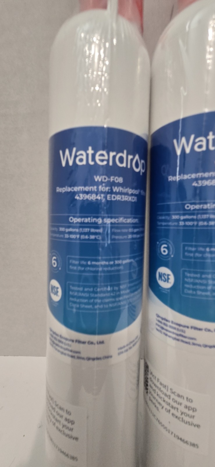 Sealed Waterdrop WD-F08 Refrigerator Water Filter For Whirlpool – 2 pk