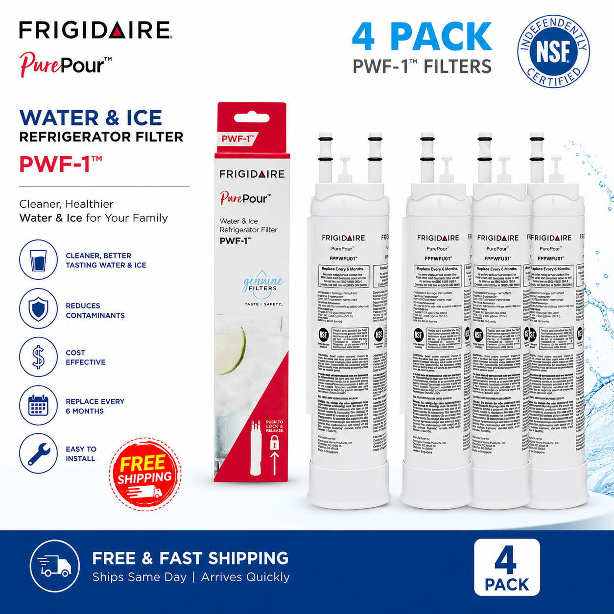 US STOCK ✅ 4PK Frigidaire FPPWFU01 PWF-1 Refrige PurePour Water & Ice Filter New