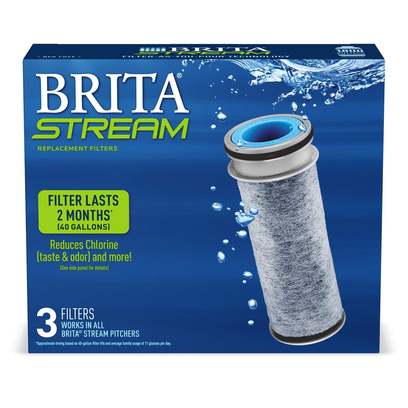 Brita Stream Replacement Water Filter for Pitchers and 3 Count, Gray