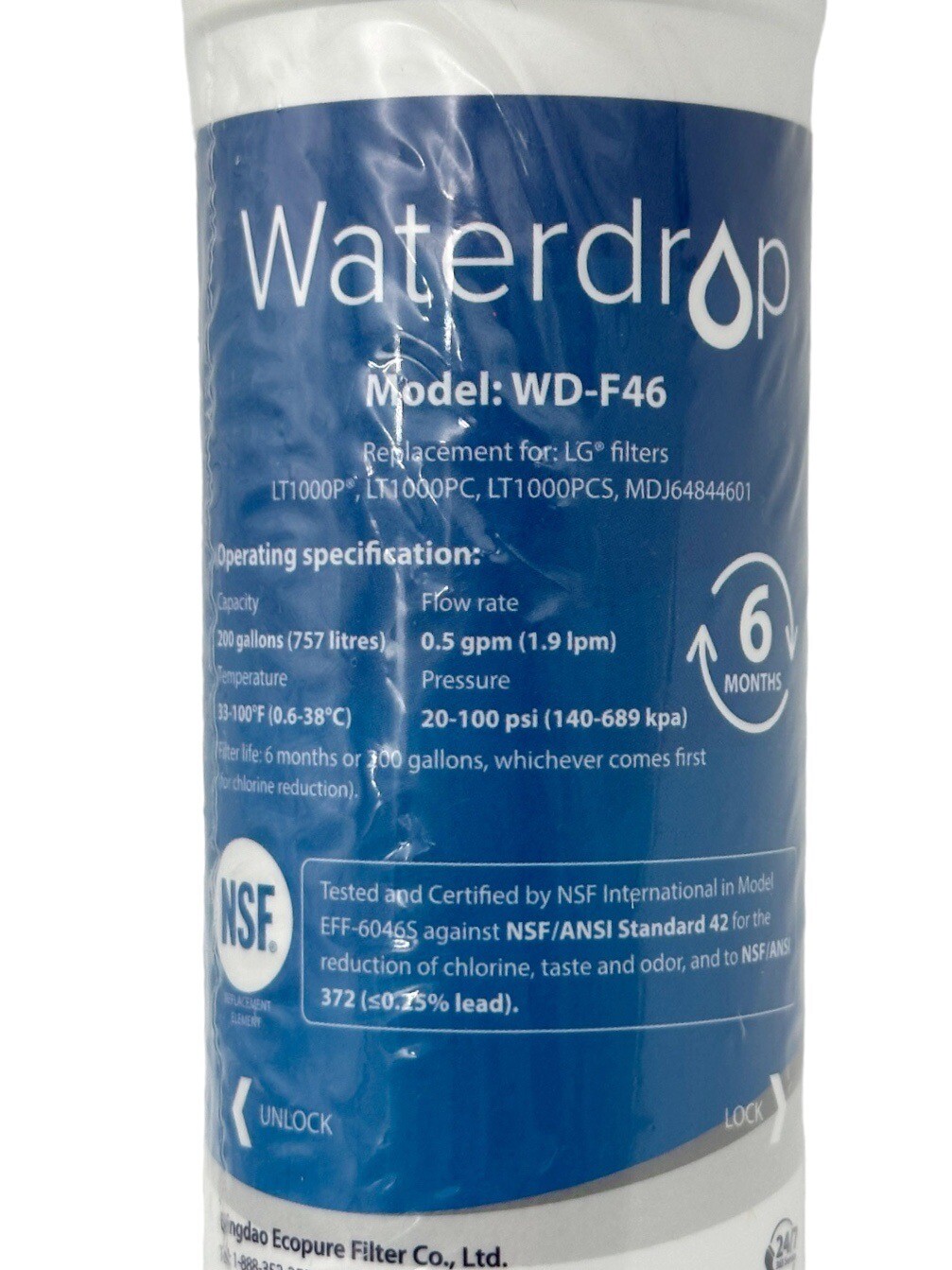 Waterdrop Model WD-F46 Refrigerator Water Filter Replacement New No Box Sealed