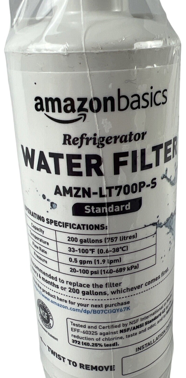AmazonBasics Refrigerator Water Filter AMZN-LT700P-S 200 Gallons Standard NSF Ce
