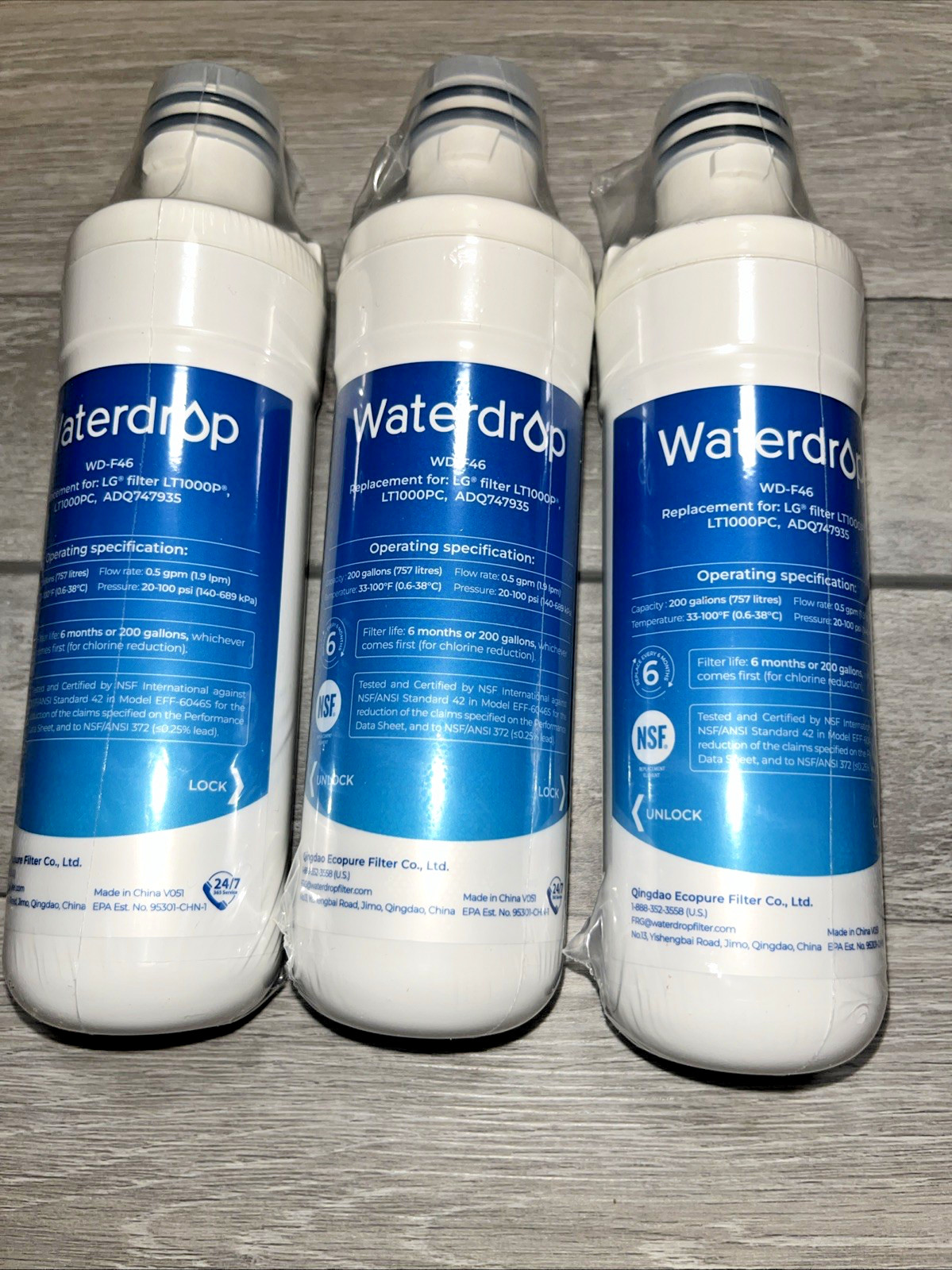 Set of 3 Waterdrop WD-F46 Replacement Refrigerator Water Filters for LG LT1000