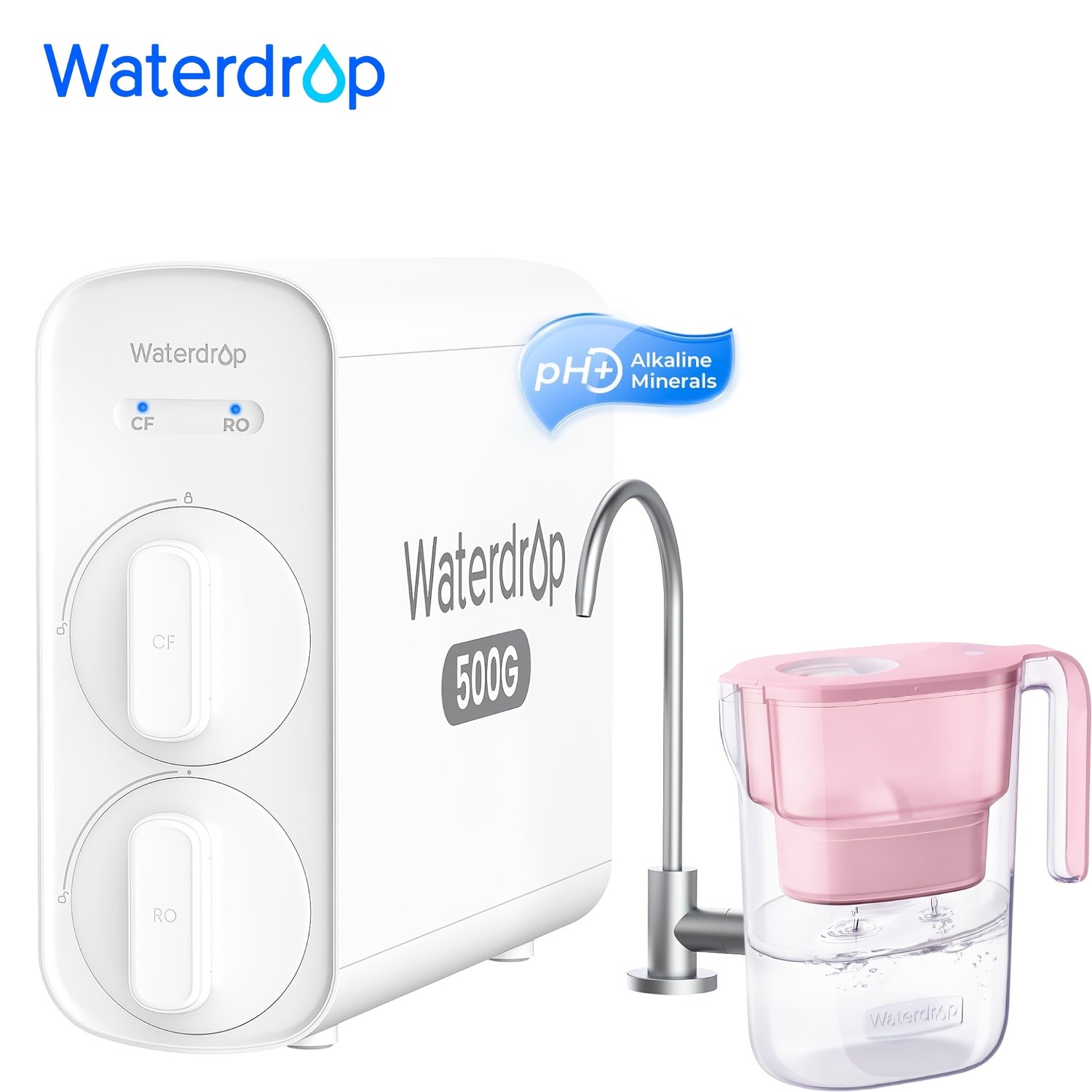 Waterdrop G5P500A Reverse Osmosis Water Filter, Extra with Pink Filter Pitcher
