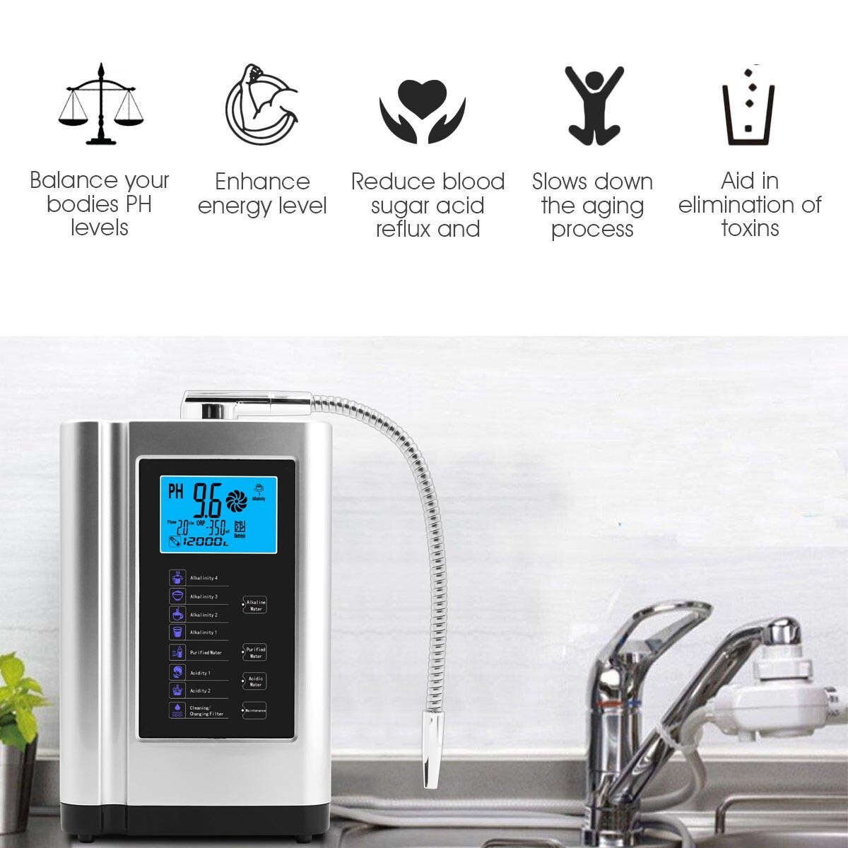 Alkaline Water Ionizer machine hydrogen water Purifier pH3.5-10.5 Water filter