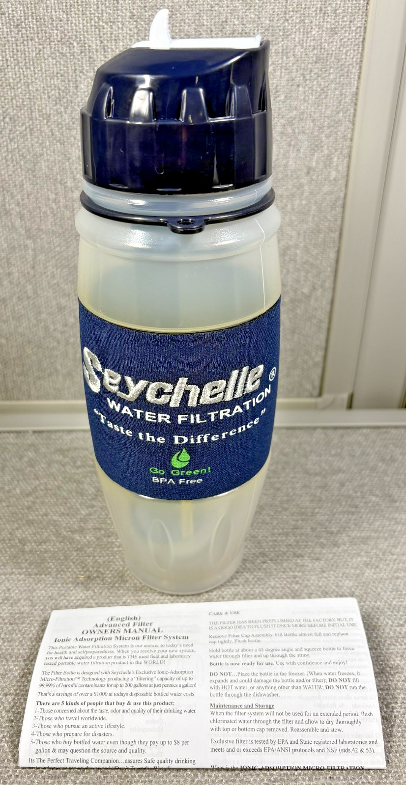 Seychelle 28oz pH20 Filtration Flip Top Pure Water Filter Squeeze Bottle – New