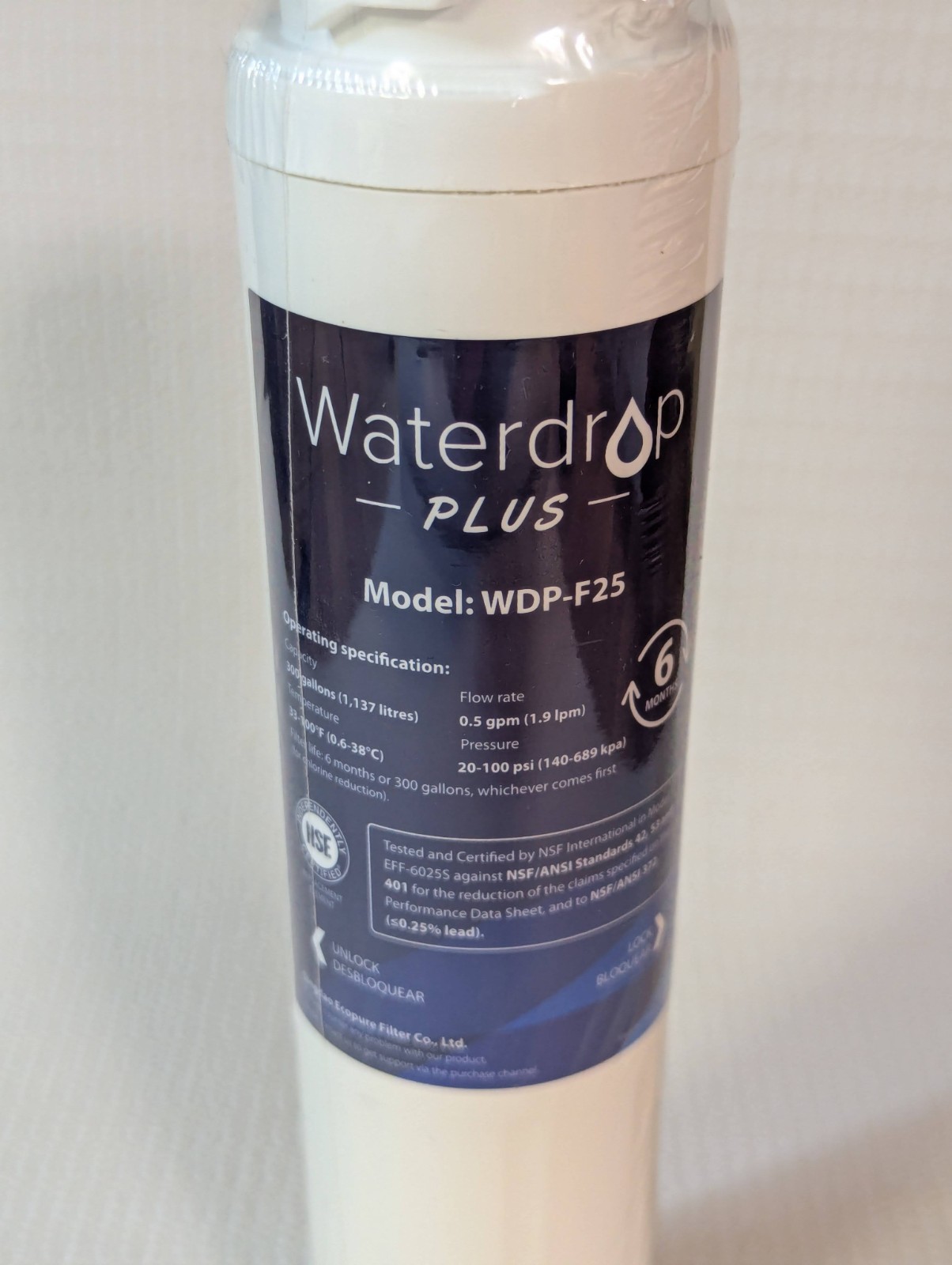 Waterdrop Plus Model WDP-F25 Water Filter Replacement 300 Gallons 6-Month