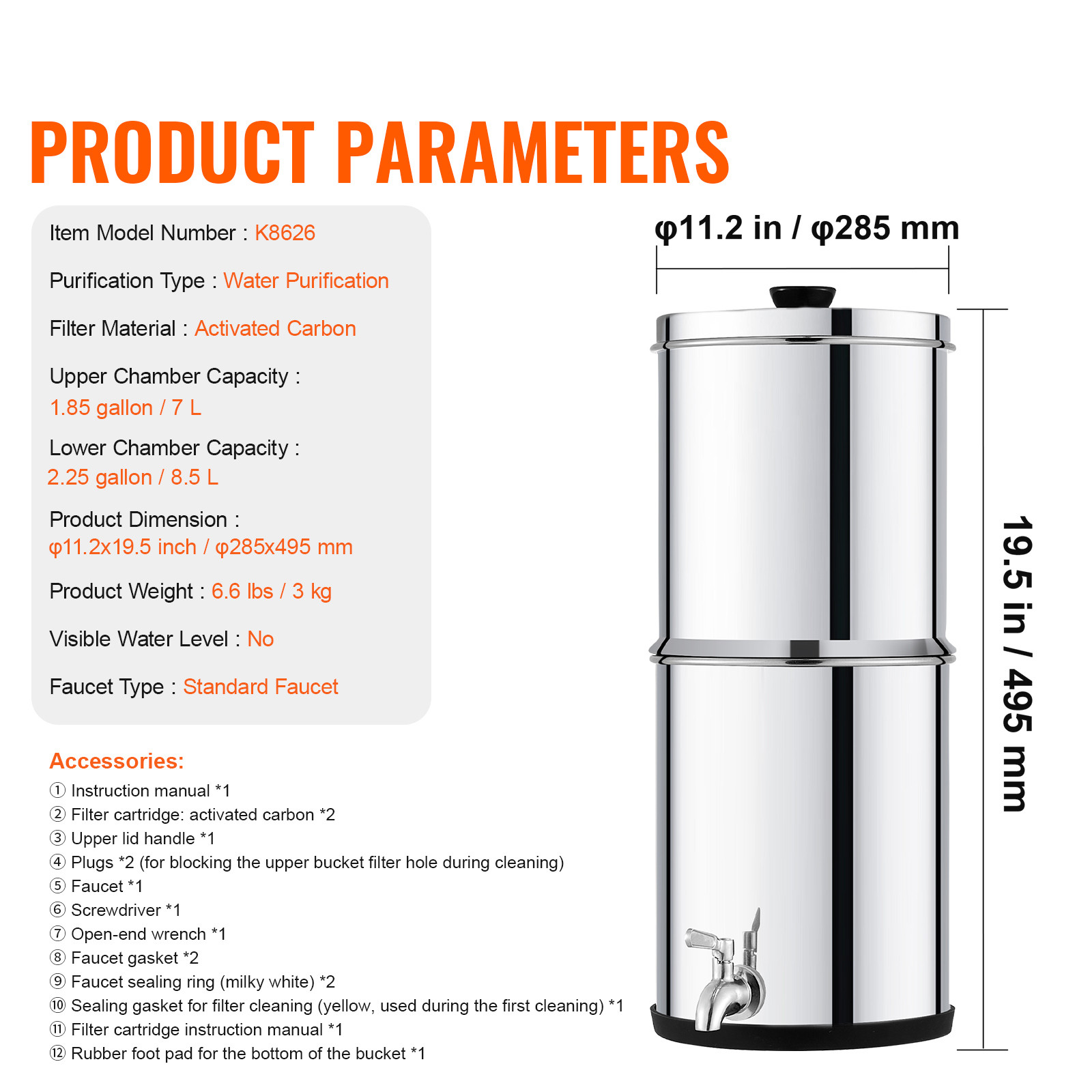 2.25G Gravity-fed Water Filter Countertop System Stainless Steel 2 Filters