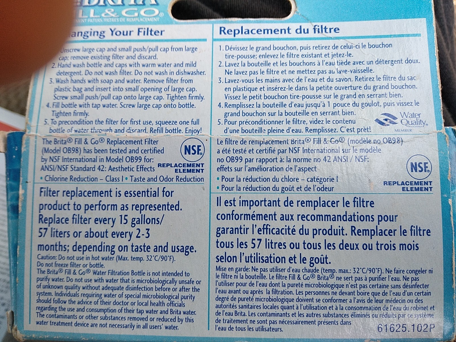 Brita Fill & Go Replacement Water Filter OB98 NIB New Box of 2 Travel Filtration