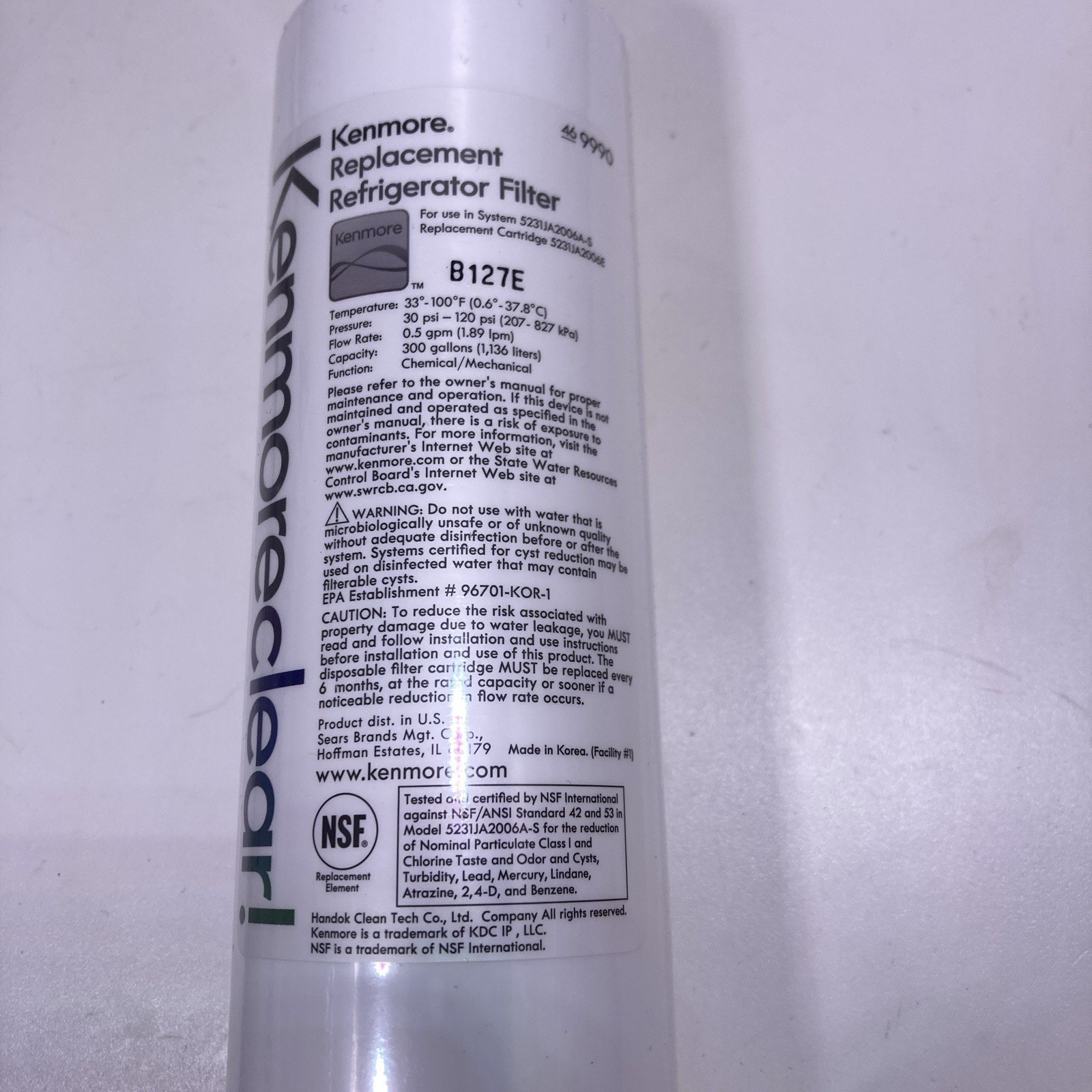 Kenmore Clear 46 9990 Premium Refrigerator Water Filter White