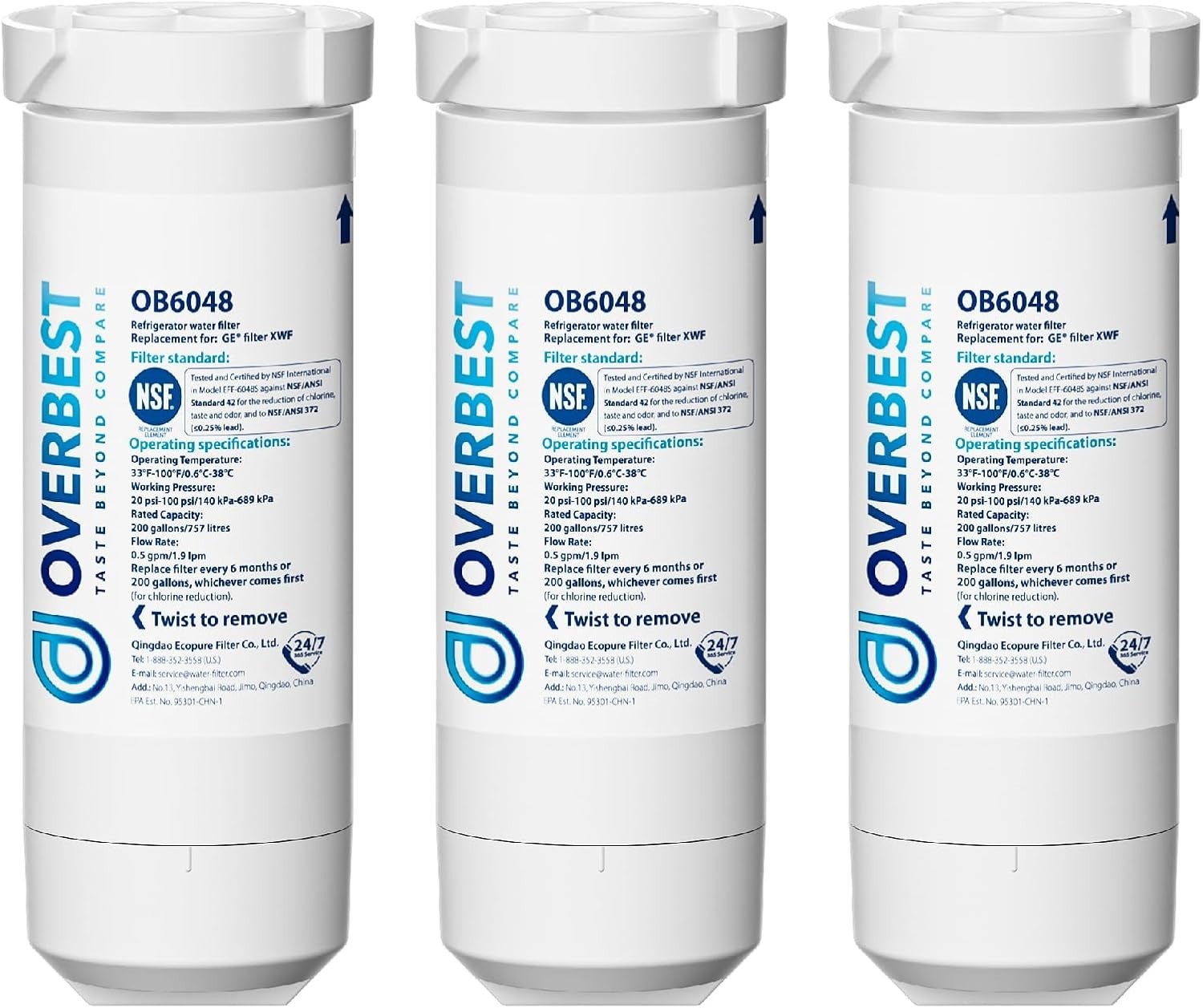 Overbest XWF (No chip) Refrigerator Water Filter, Replacement for GE®, 3-Pack