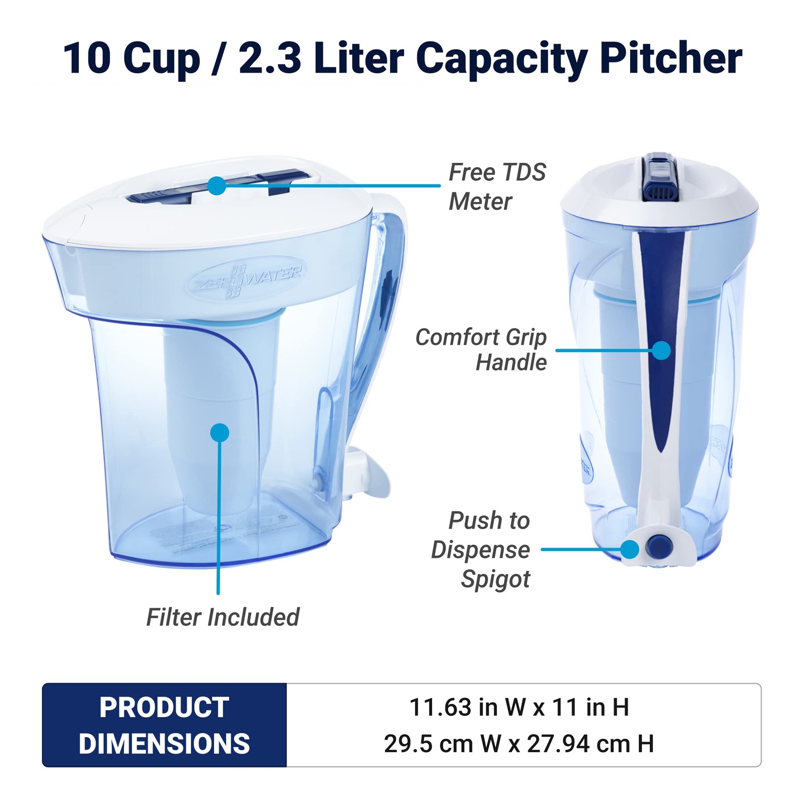 ZeroWater 10-Cup Ready-Pour 5-Stage Water Filter 10-Cup, Blue and White