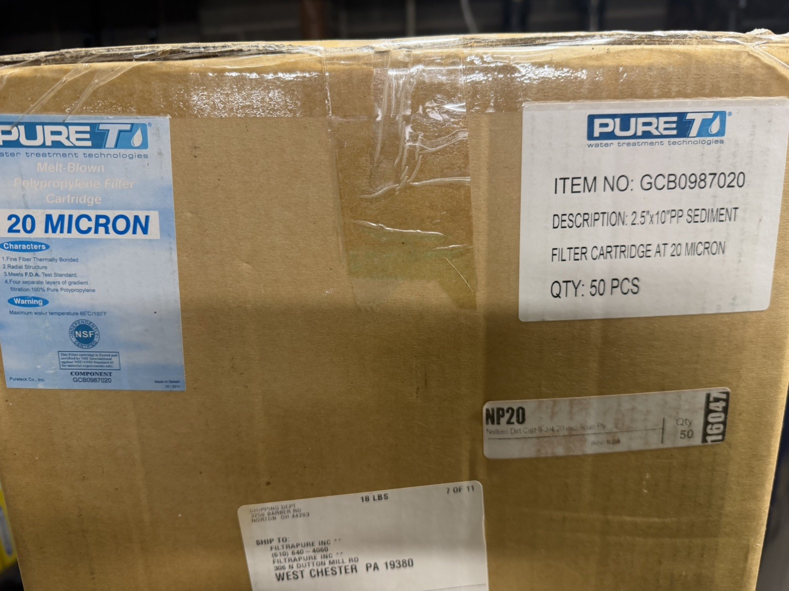 Case of 50 10″x2.5″ Pure T melt-blown Polypropylene Filter 20 Micron GBC0987020