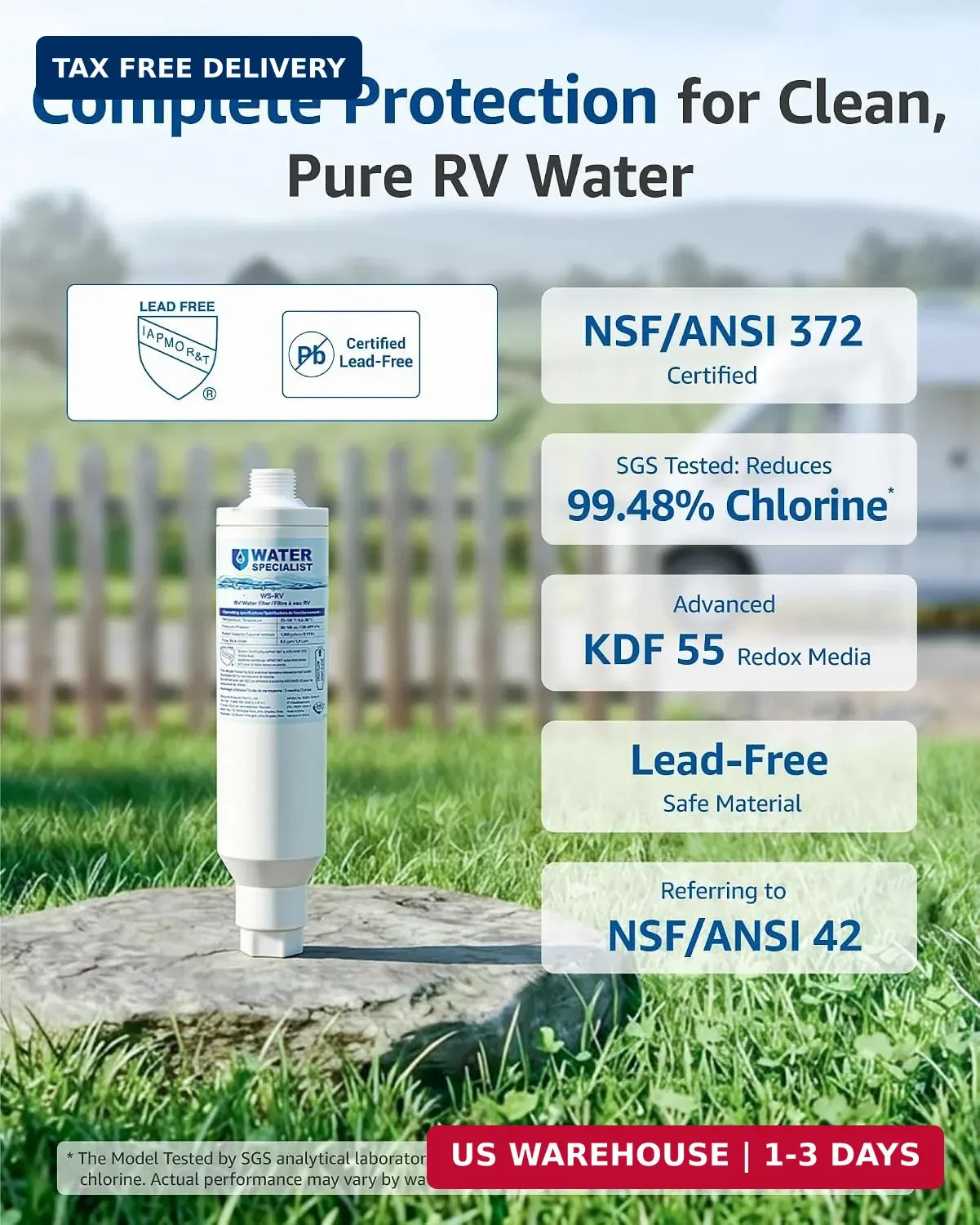 Waterspecialist RV Inline Water Filter, NSF Certified, Reduces Chlorine, Bad Tas