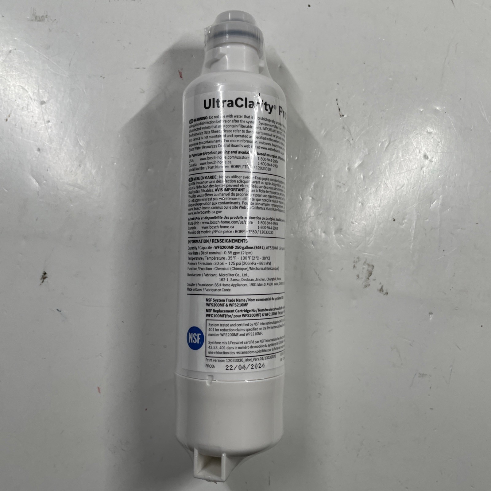 1 PCS Bosch Ultra Clarity Pro BORPLFTR50 Water Filter White #WFS200MF/WFS210MF