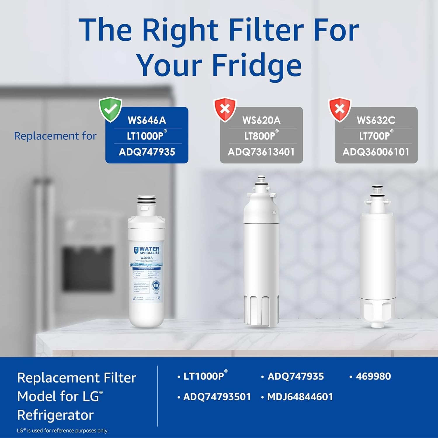 Waterspecialist NSF Certified Refrigerator Water Filter, for LG LT1000P (3 Pcs)