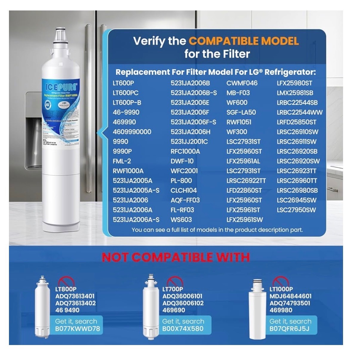 3 PACK ICEPURE 5231JA2006A for LG LT600P KENMORE 9990 RWF1000A Water Filter