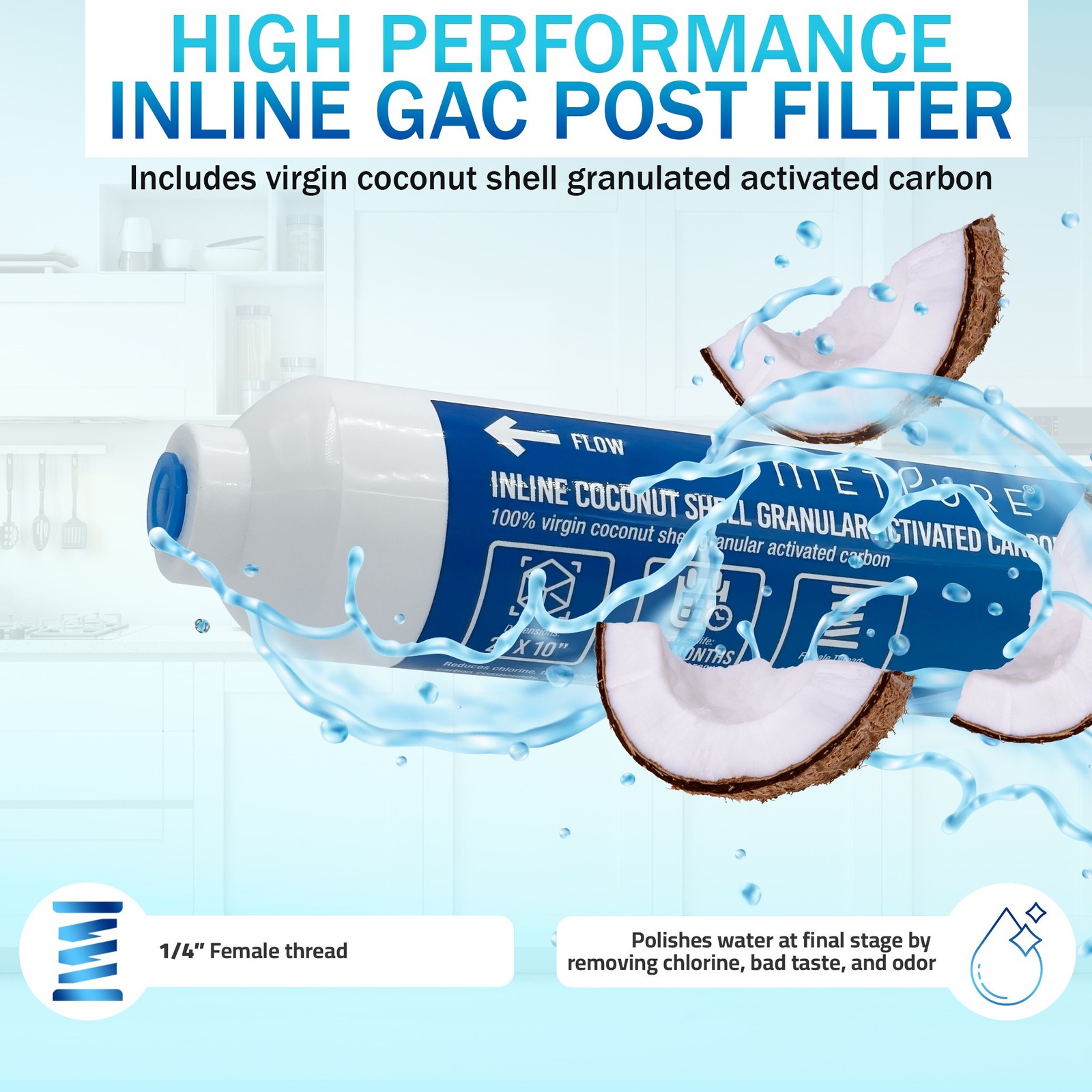 1-25 Pack 2″ x 10″ Carbon Post GAC Inline Water Filter, 1/4″ FIP