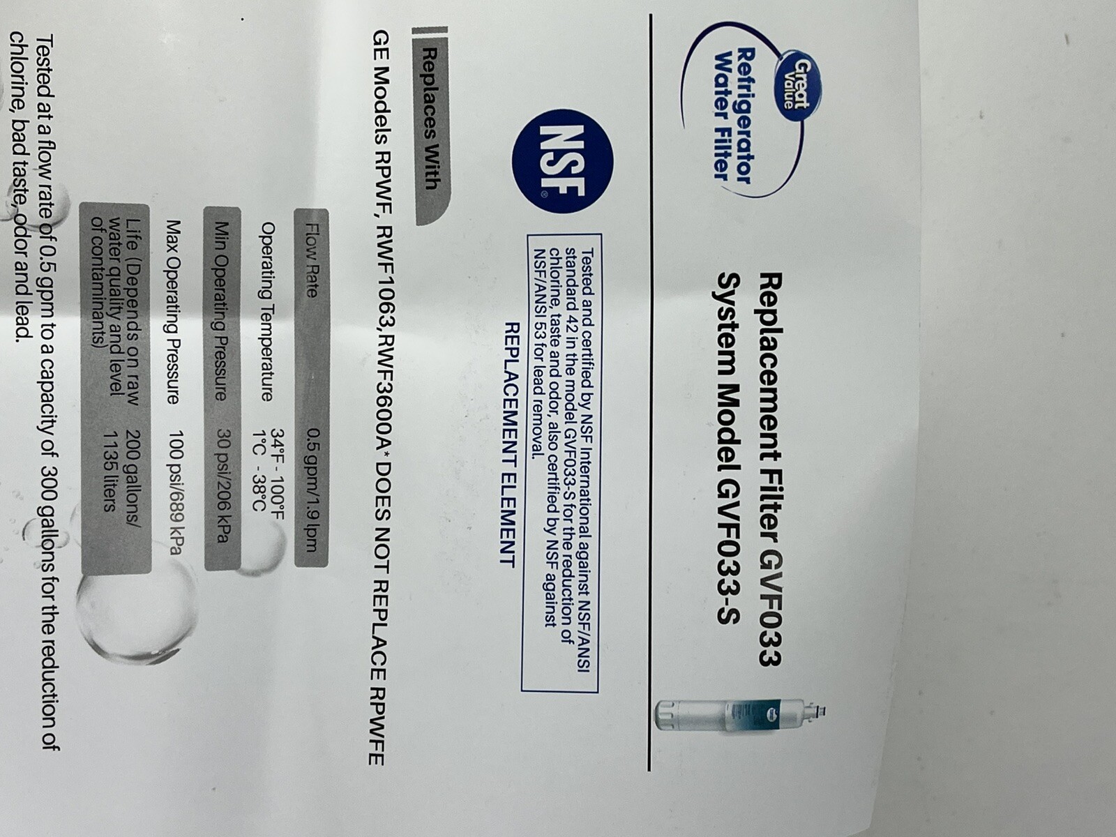 (4) Great Value Refrigerator Water Filter Replaces GE Model RPWF 6months 300 gal