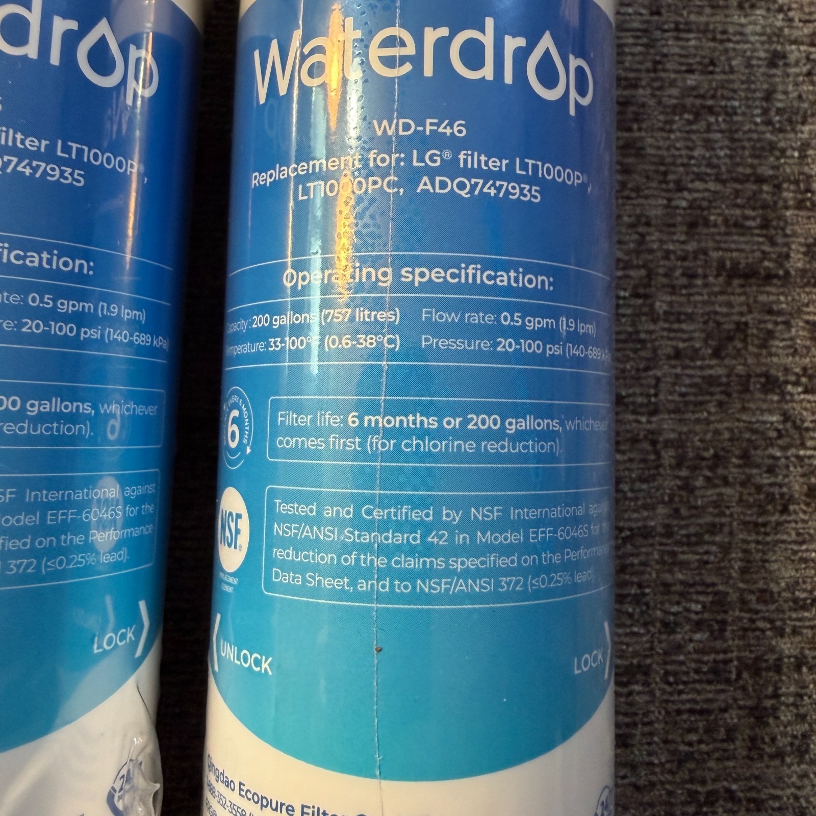 Set of 3 Waterdrop WD-F46 Replacement Refrigerator Water Filters for LG LT1000