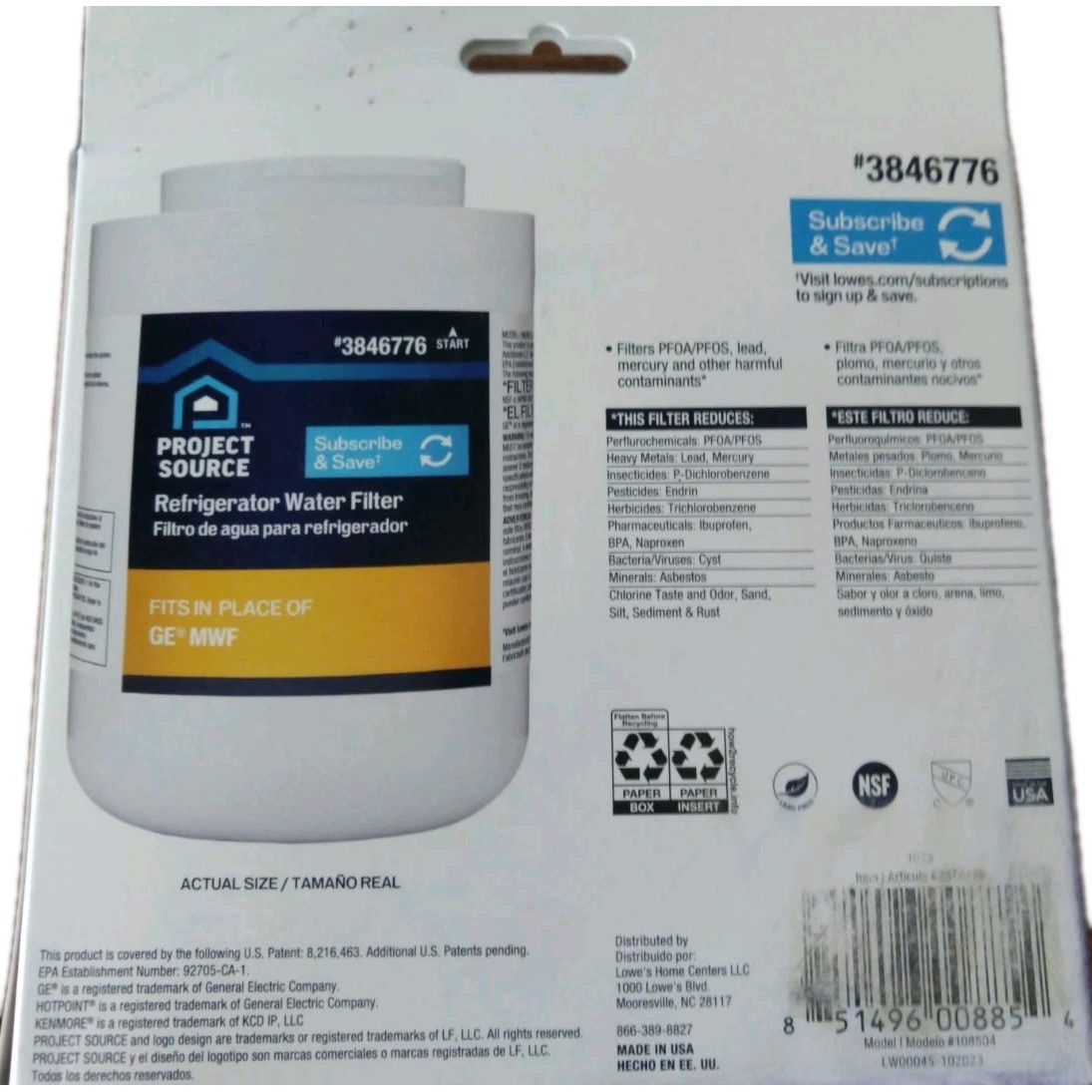Project Source #3846776 G-1-2 Refrigerator Water Filter fits (GE MWF) 2 2-Packs