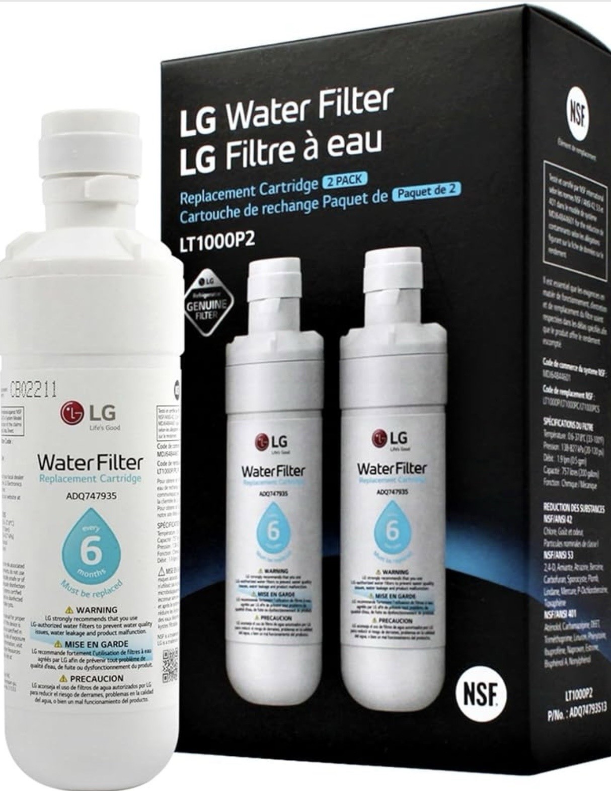 LG LT1000P2 6-Month / 200 Gallon Refrigerator Replacement Water Filter, Reduces