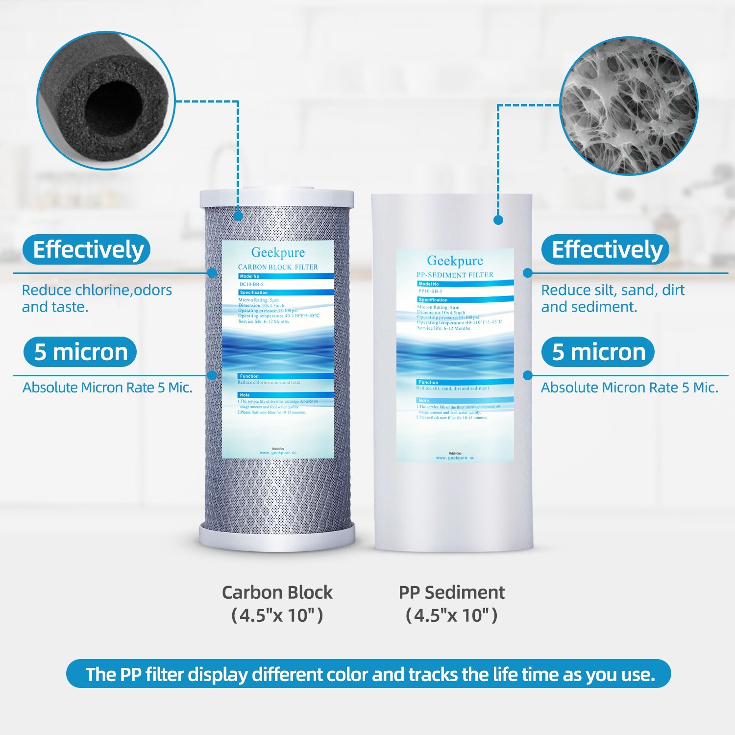 Geekpure 2 Stage Whole House Water Filter System-1″ NPT 4.5″ x 10″ – PP Carbon