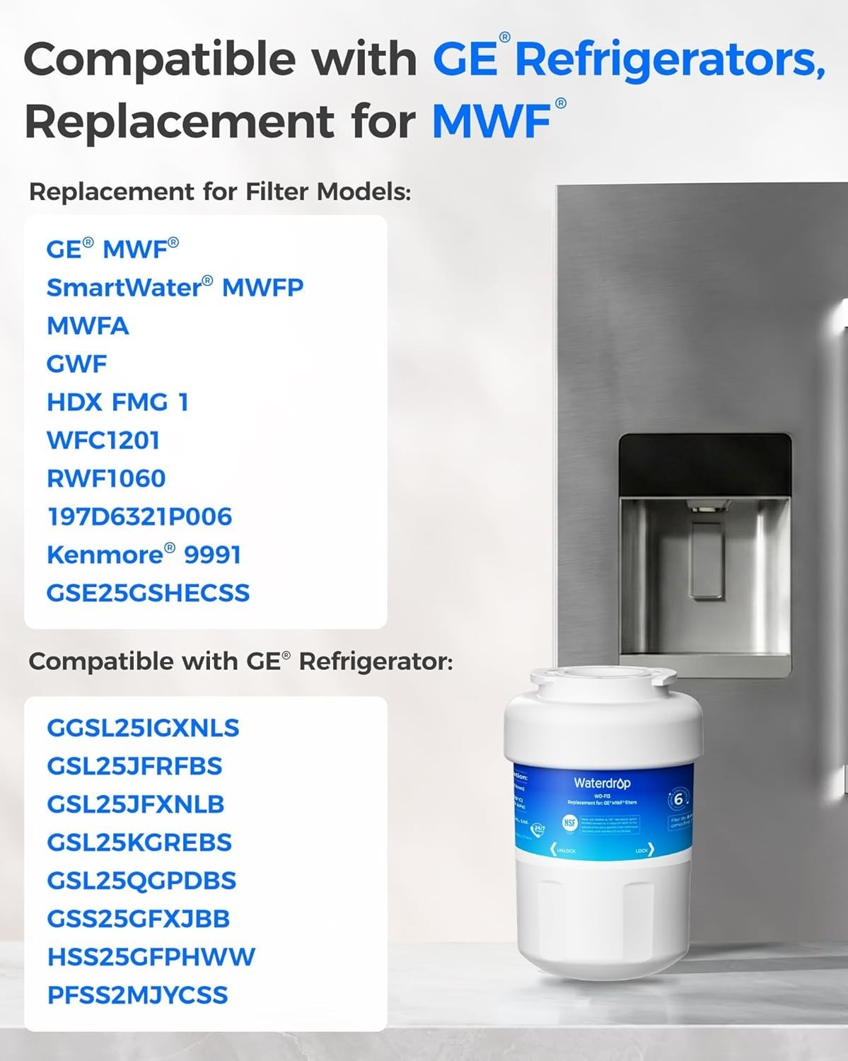 3 Pack Water Filter Compatible with GE MWF NSF Certified Lead Free Material