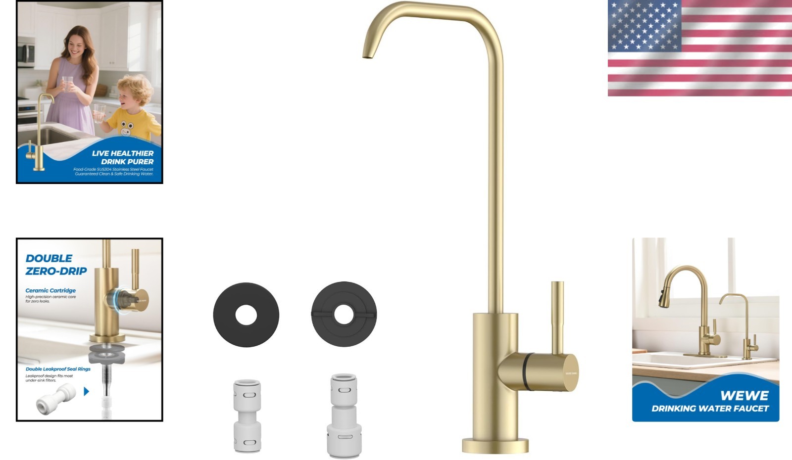 Lead-Free Gold Kitchen Water Filter Faucet | 360° Swivel Gooseneck Design