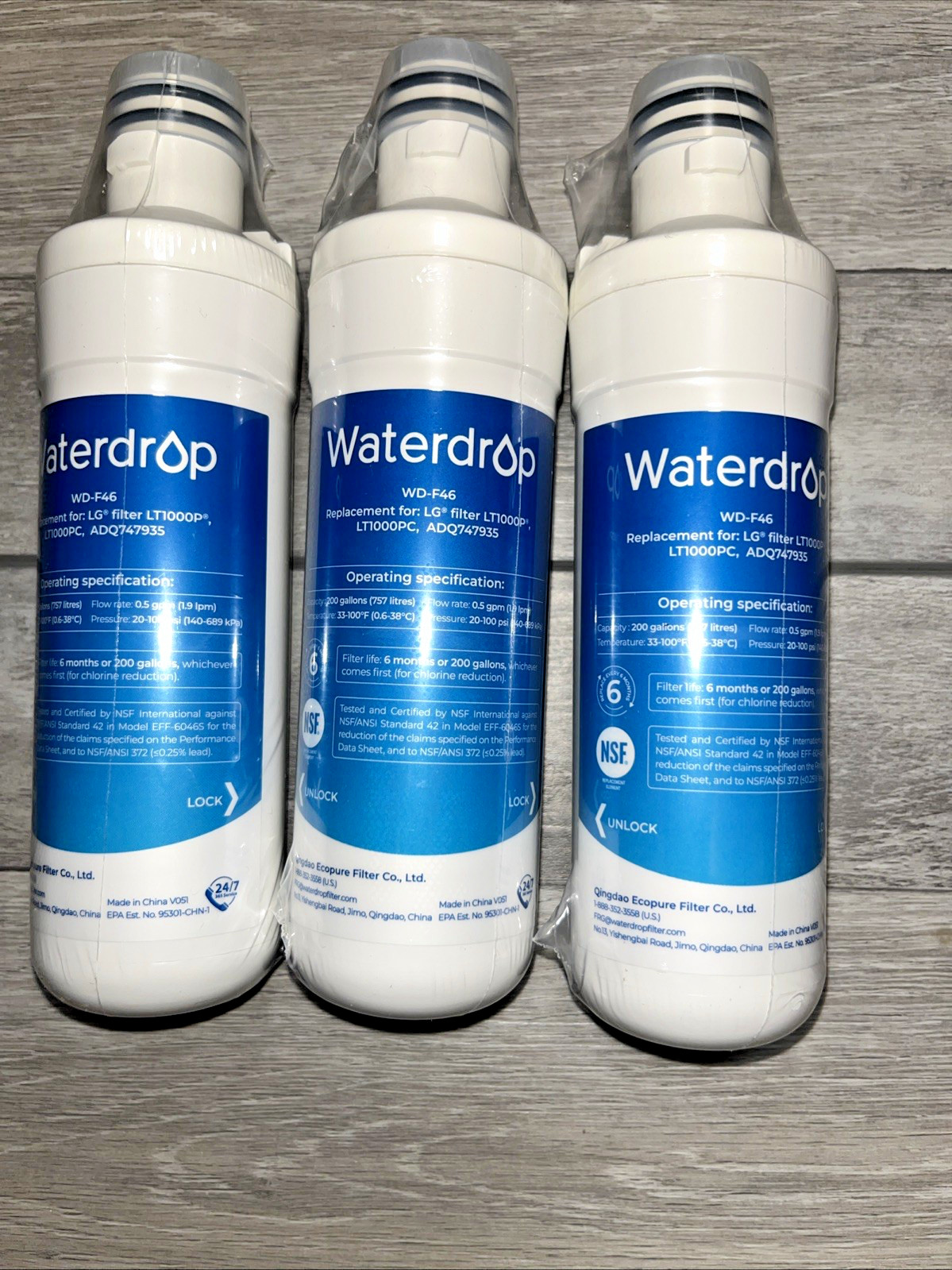 Set of 3 Waterdrop WD-F46 Replacement Refrigerator Water Filters for LG LT1000