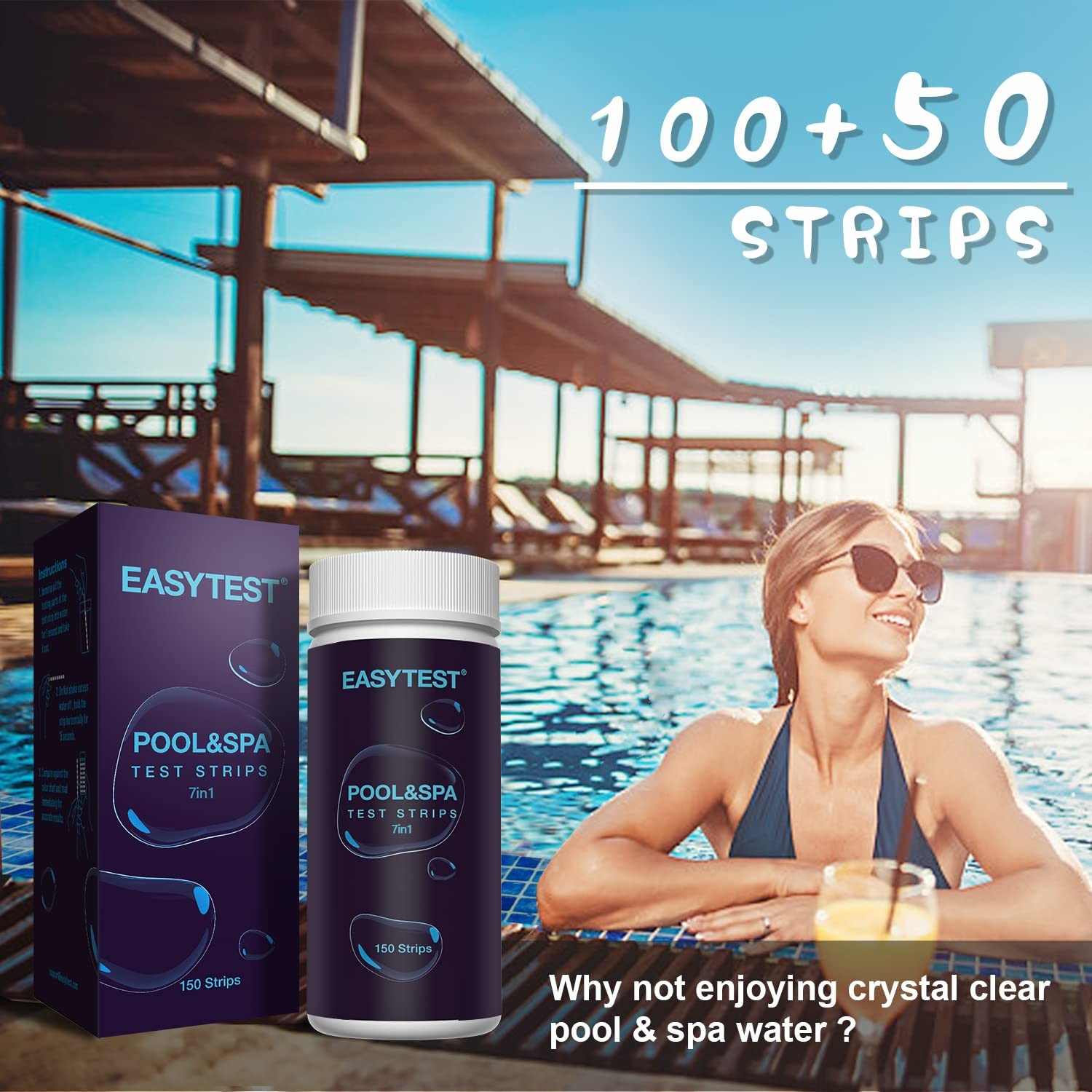 EASYTEST 7-Way Pool Test Strips, 150 Strips Water ^ 7 in 1 ^