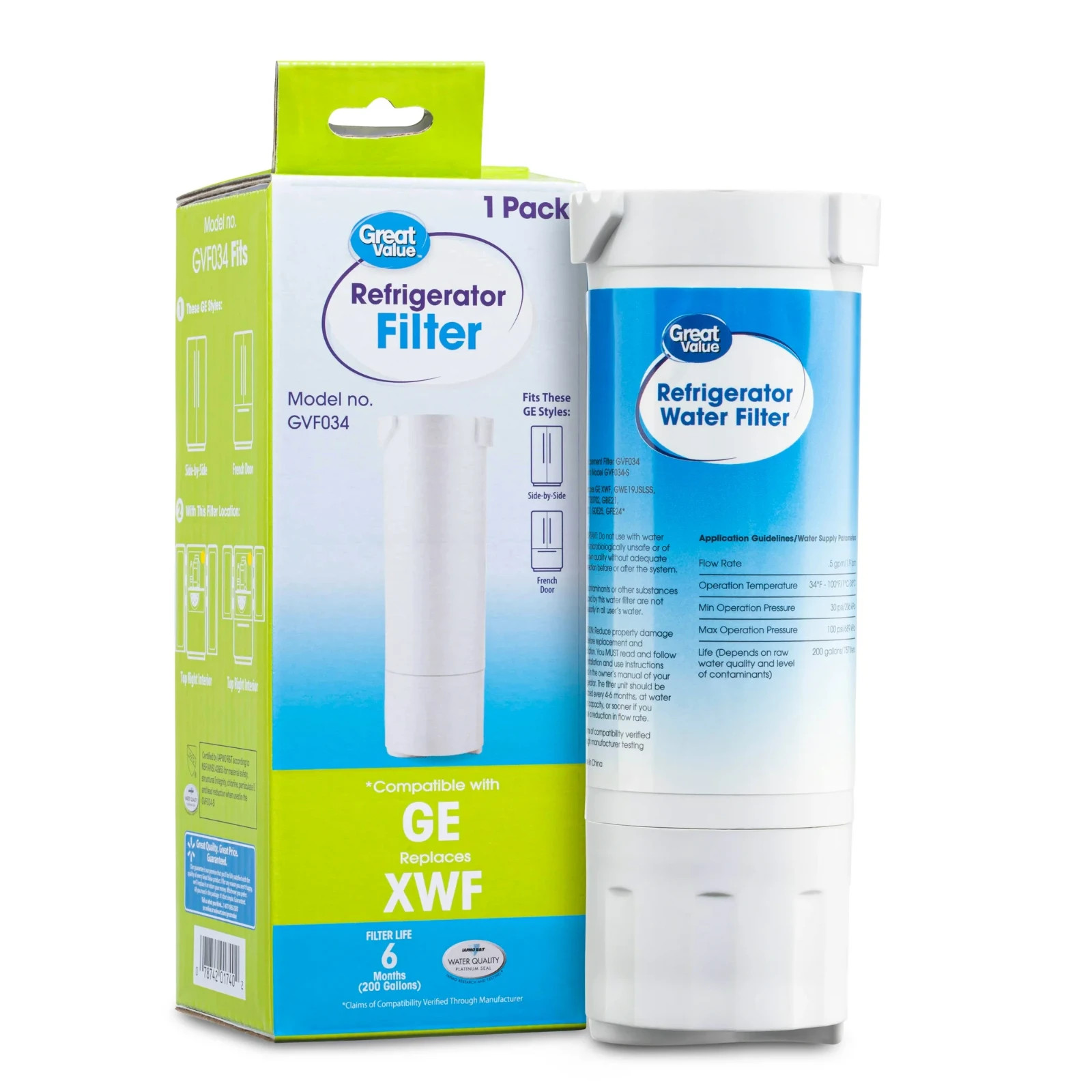 2 Pk Refridgerator Water Filter Replaces XWF-Compatible w/GE- Great Value GVF034