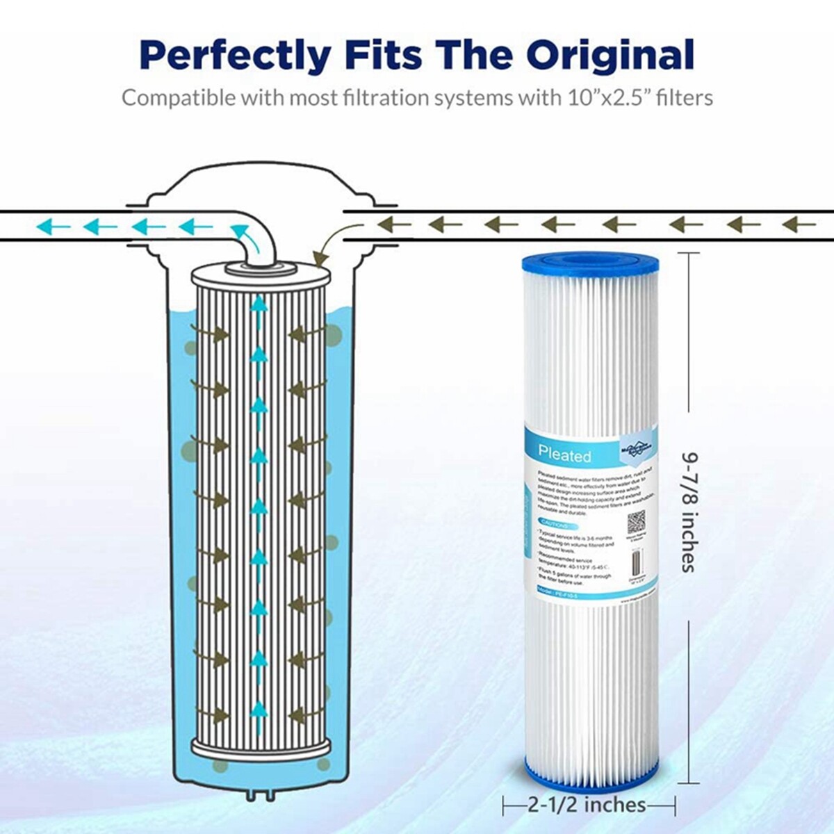 10 Inch Whole House Water Filter Housing Filtration 2.5×10″ Pleated Sediment Set