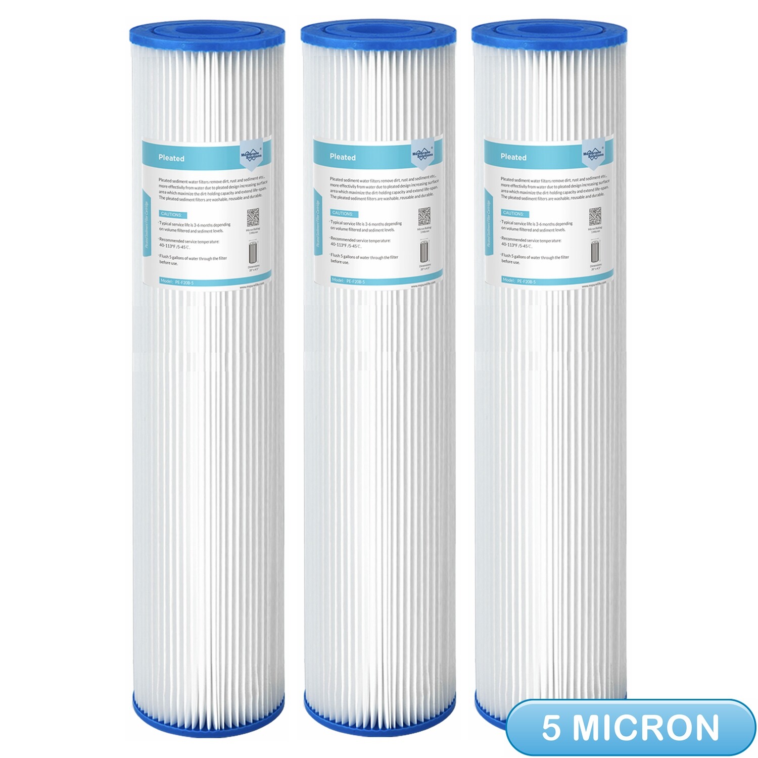 3 Pack 20″ x 4.5″ 5 Micron Washable Pleated Sediment Water Filter Whole House